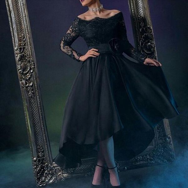 black lace a line evening dresses tea length long sleeves prom gowns boat neck appliques illusion red carpet dress evening gowns, Black;red
black lace a line evening dresses tea length long sleeves prom gowns boat neck appliques illusion red carpet dress evening gowns, Black;red