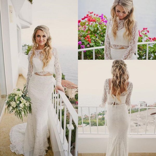 two pieces lace mermaid wedding dresses 2018 long sleeves buttons back sweep train boho country trumpet bridal wedding gowns, White
two pieces lace mermaid wedding dresses 2018 long sleeves buttons back sweep train boho country trumpet bridal wedding gowns, White