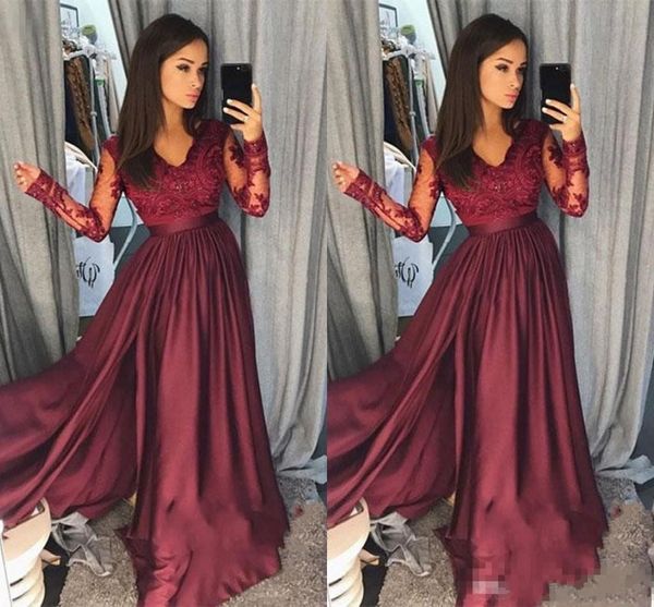 2018 burgundy 2k18 prom dresses v neck lace appliques illusion long sleeves satin sweep train plus size formal party wear evening gowns, Black
2018 burgundy 2k18 prom dresses v neck lace appliques illusion long sleeves satin sweep train plus size formal party wear evening gowns, Black