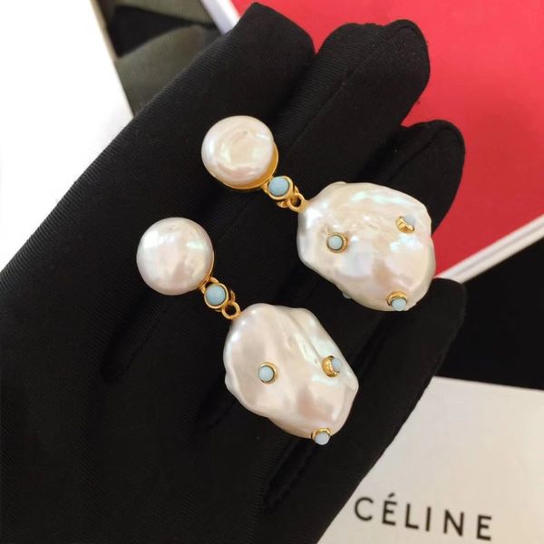 

Top quality brass excellent drop earrings in cultured pearls with nature turquoise 18k real gold plated jewelry gift PS6651A