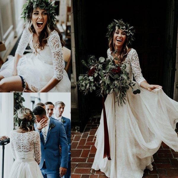 beautiful long sleeve a-line two pieces beach country wedding dresses chiffon ruffles lace boho custom made bohemian bridal gown, White
beautiful long sleeve a-line two pieces beach country wedding dresses chiffon ruffles lace boho custom made bohemian bridal gown, White