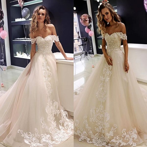 romantic a line lace wedding dresses off the shoulder sequined bridal gowns sweep train tulle custom made appliqued vestido de novia, White
romantic a line lace wedding dresses off the shoulder sequined bridal gowns sweep train tulle custom made appliqued vestido de novia, White