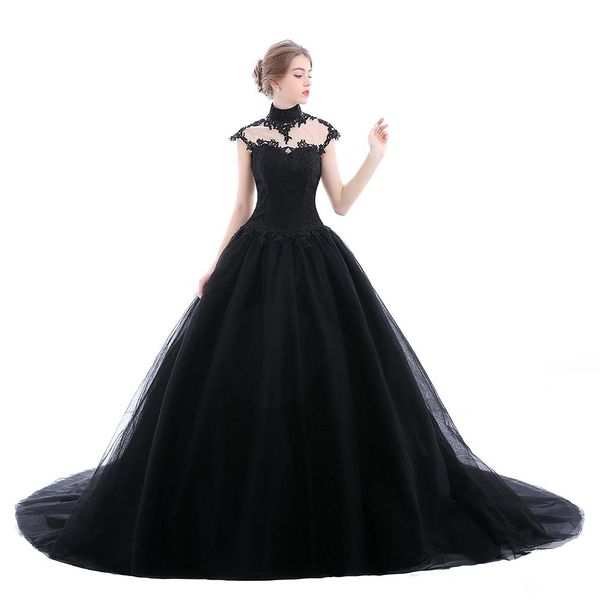 high neck gothic black wedding dresses vestidos de noiva court train applique lace ball gown tulle country bridal gowns 2019 new custom w920, White
high neck gothic black wedding dresses vestidos de noiva court train applique lace ball gown tulle country bridal gowns 2019 new custom w920, White