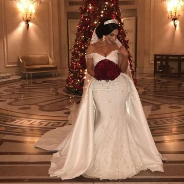 detachable overskirt mermaid wedding dresses off shoulder beads lace appliques bridal gown saudi glamorous plus size wedding gown, White
detachable overskirt mermaid wedding dresses off shoulder beads lace appliques bridal gown saudi glamorous plus size wedding gown, White