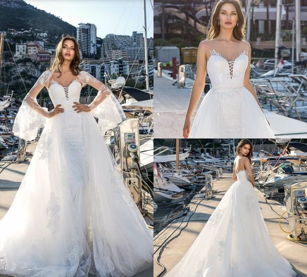 luxury beach wedding dresses with detachable skirt deep v neck backless country bridal gowns with cape plus size mermaid wedding dress, White
luxury beach wedding dresses with detachable skirt deep v neck backless country bridal gowns with cape plus size mermaid wedding dress, White