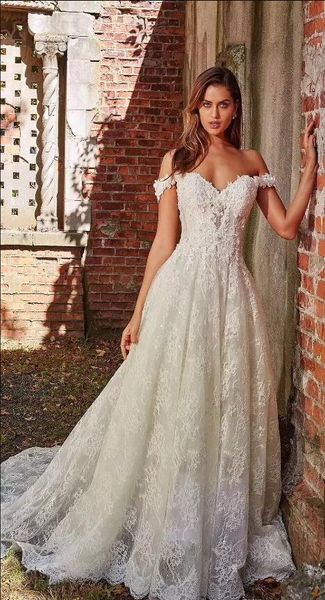 off the shoulder lace wedding dresses sweetheart backless a-line appliques with court train long bridal gown back wedding gown, White
off the shoulder lace wedding dresses sweetheart backless a-line appliques with court train long bridal gown back wedding gown, White