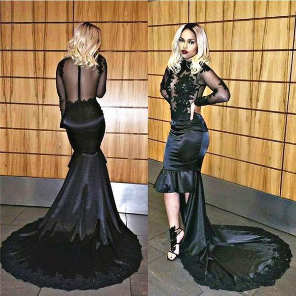 short front long back black prom dress high neck see through long sleeve lace satin mermaid high low party gowns custom size
short front long back black prom dress high neck see through long sleeve lace satin mermaid high low party gowns custom size