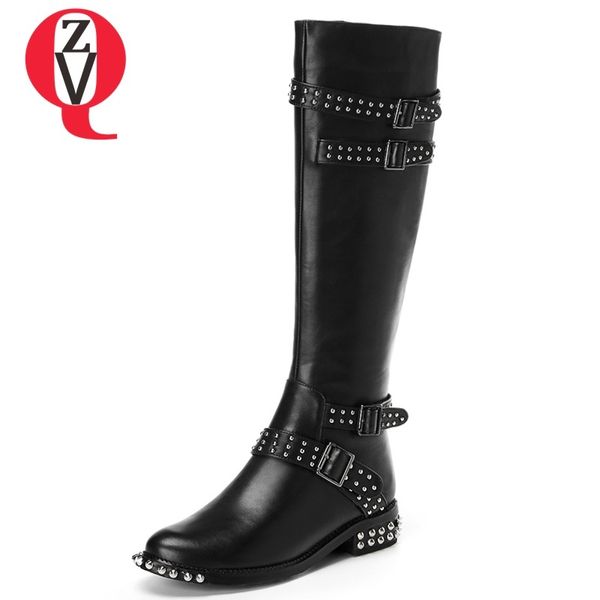 

zvq 2018 new fashion metal rivet round toe genuine leather women shoes zipper med hoof heels black knee high boots