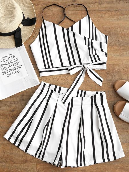 

zaful striped women set spaghetti straps v-neck sleeveless overlapped bowknot cami high waisted shorts zipper two pieces, White