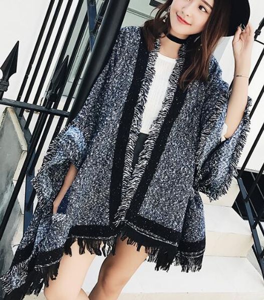 european and american cloaks warm and thick shawls, long tassel and thick scarf for women, Blue;gray
european and american cloaks warm and thick shawls, long tassel and thick scarf for women, Blue;gray