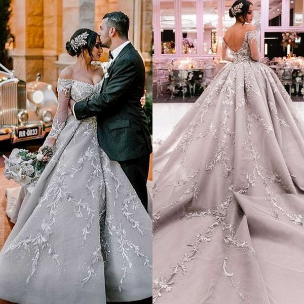 luxury long sleeve lace wedding dresses beaded ball gowns bridal dress cathedral train off shoulder wedding dress, White
luxury long sleeve lace wedding dresses beaded ball gowns bridal dress cathedral train off shoulder wedding dress, White
