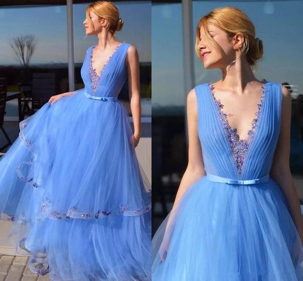 2018 new cinderella beaded blue deep v neck a line prom dresses tulle pleated plus size sweep train formal tiered evening gowns dress, Black
2018 new cinderella beaded blue deep v neck a line prom dresses tulle pleated plus size sweep train formal tiered evening gowns dress, Black
