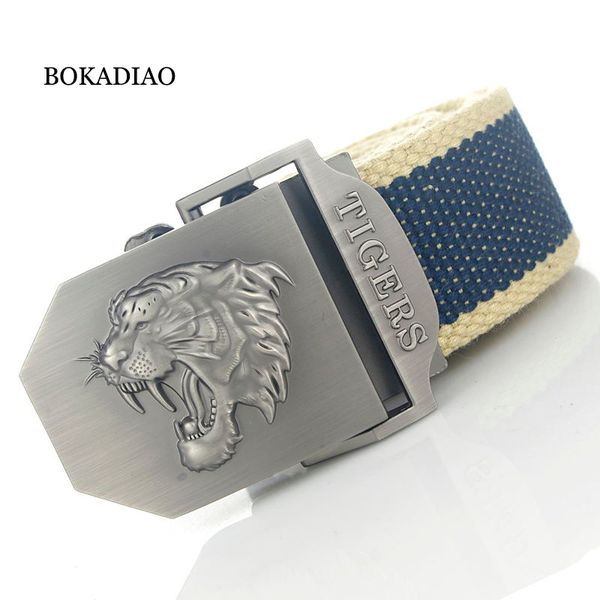 

bokadiao men&women canvas belt luxury tigers metal buckle jeans belt army tactical belts for women waistband strap male, Black;brown