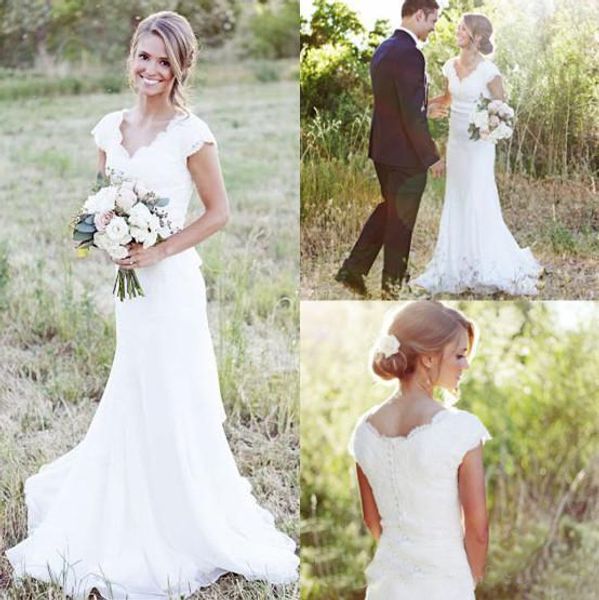 2018 new short capped sleeves mermaid wedding dresses lace chiffon v neck sweep train country wedding bridal gown, White
2018 new short capped sleeves mermaid wedding dresses lace chiffon v neck sweep train country wedding bridal gown, White
