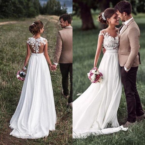 2019 country boho wedding dresses sheer lace appliques cap sleeves chiffon bohemian beach bridal gowns zipper buttons back, White
2019 country boho wedding dresses sheer lace appliques cap sleeves chiffon bohemian beach bridal gowns zipper buttons back, White