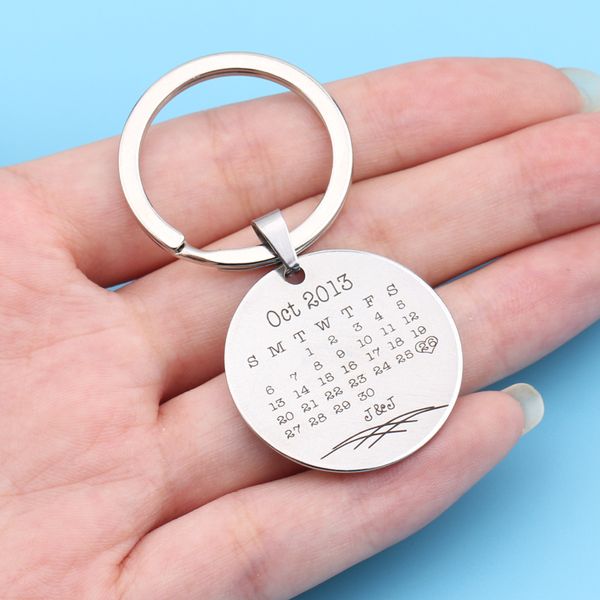 

personalized keyring special day keyfob custom date name keychian keysholder round keyfob calendar engraved keychain, Silver