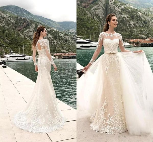 2018 elegant beach ivory wedding dresses sheer neck long sleeves full lace wedding bridal gowns with detachable train corset back ba9578, White
2018 elegant beach ivory wedding dresses sheer neck long sleeves full lace wedding bridal gowns with detachable train corset back ba9578, White
