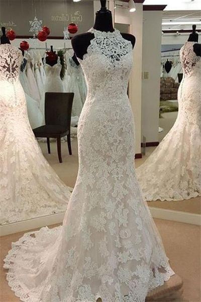 high neck beaded lace mermaid wedding dresses vintage court train ivory tulle wedding gown plus size bridal gowns with covered buttons, White
high neck beaded lace mermaid wedding dresses vintage court train ivory tulle wedding gown plus size bridal gowns with covered buttons, White