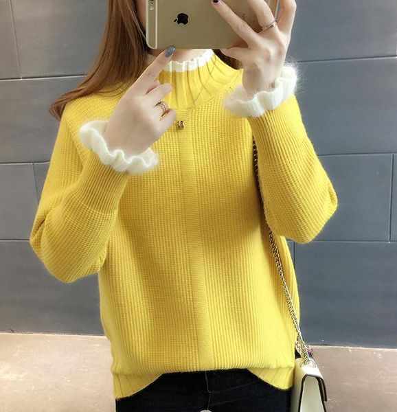 send 2017 winter female loose and comfortable set head high collar blue patchwork long sleeved sweater, White;black
send 2017 winter female loose and comfortable set head high collar blue patchwork long sleeved sweater, White;black