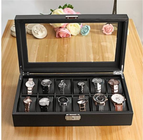 black high-grade 12 slot carbon fiber display jewelry display watch box storage holder large glass window, Black;blue
black high-grade 12 slot carbon fiber display jewelry display watch box storage holder large glass window, Black;blue
