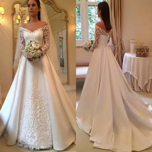 custom lace wedding dresses 2018 with long sleeves-vintage satin sweep train appliqued v neck bridal gowns, White
custom lace wedding dresses 2018 with long sleeves-vintage satin sweep train appliqued v neck bridal gowns, White