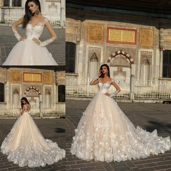 lace appliques a line wedding dresses sheer long sleeve beaded cathedral train bridal gowns button back custom made, White
lace appliques a line wedding dresses sheer long sleeve beaded cathedral train bridal gowns button back custom made, White