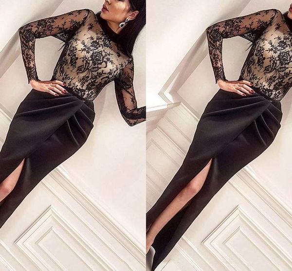 black lace evening dresses high neck long sleeve transparent illusion lace front high split sheath formal party gowns custom size, Black;red
black lace evening dresses high neck long sleeve transparent illusion lace front high split sheath formal party gowns custom size, Black;red