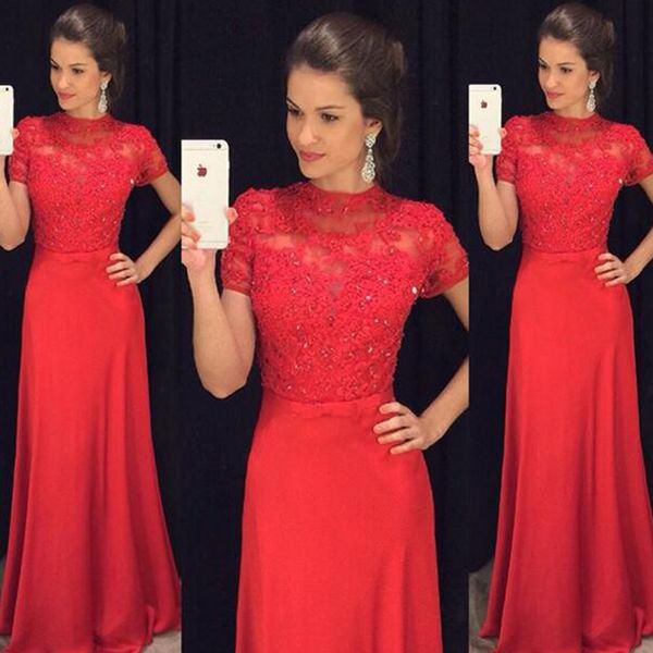 modest long red evening dresses high jewel neck sheer short sleeves beads sequins lace appliques floor length prom party gowns cusotm made, Black;red 
modest long red evening dresses high jewel neck sheer short sleeves beads sequins lace appliques floor length prom party gowns cusotm made, Black;red