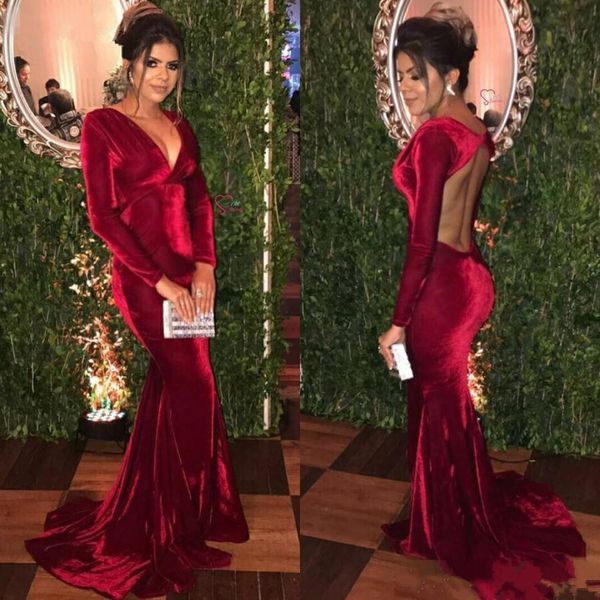 2018 dark red velvet v neck mermaid prom party dressses long sleeves keyhole back sweep train formal celebrity evening occasion wears, Black
2018 dark red velvet v neck mermaid prom party dressses long sleeves keyhole back sweep train formal celebrity evening occasion wears, Black
