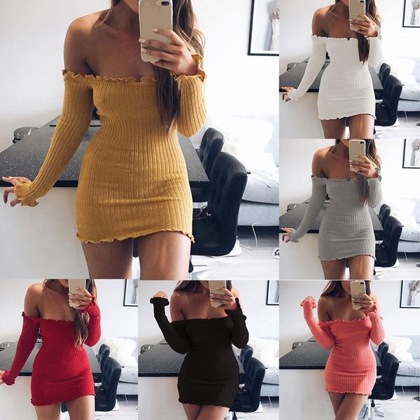 off shoulder long sleeve ruffled solid color bodycon women's mini dress 2018, White;black 
off shoulder long sleeve ruffled solid color bodycon women's mini dress 2018, White;black