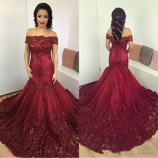 Gorgeous Burgundy Mermaid Evening Dresses 2018 Arabic African Lace Prom Dress Sequined Appliques Corset Back Court Train Evening Gowns
Gorgeous Burgundy Mermaid Evening Dresses 2018 Arabic African Lace Prom Dress Sequined Appliques Corset Back Court Train Evening Gowns