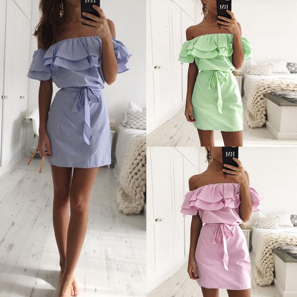 women summer fashion casual slash neck off shoulder ruffles stripe mini beach dress vestidos with ing, Black;gray
women summer fashion casual slash neck off shoulder ruffles stripe mini beach dress vestidos with ing, Black;gray