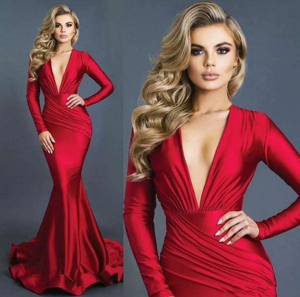 2019 new arrival red mermaid formal evening dresses plunging v neck long sleeves satin ruched prom gowns robe de soiree, Black;red
2019 new arrival red mermaid formal evening dresses plunging v neck long sleeves satin ruched prom gowns robe de soiree, Black;red
