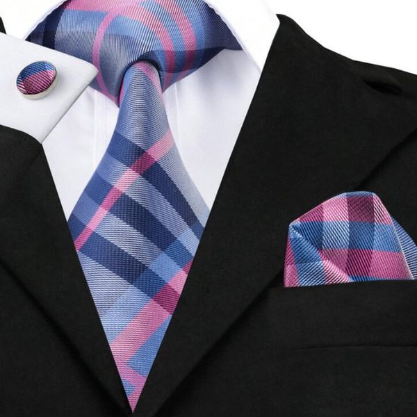 

desinger ties for mens darkgray pink blue plaid tie hanky cufflinks sets men's 100% silk ties for men formal wedding party groom, Black;blue
