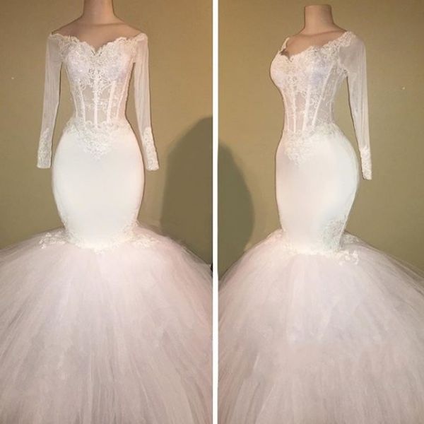 off the shoulder mermaid wedding dresses with exposed borning lace appliques illusion long sleeves wedding dress tutu skirts bridal gowns, White
off the shoulder mermaid wedding dresses with exposed borning lace appliques illusion long sleeves wedding dress tutu skirts bridal gowns, White