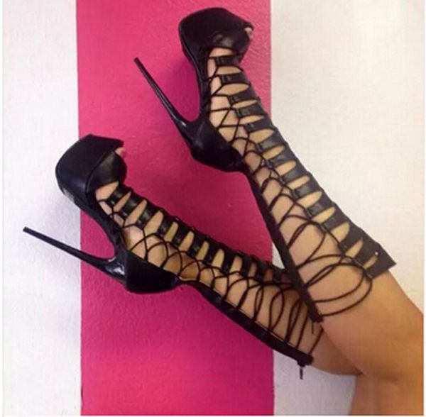 est women knee high black leather gladiator boots open toe straps design high platform boots heel dress shoe
est women knee high black leather gladiator boots open toe straps design high platform boots heel dress shoe