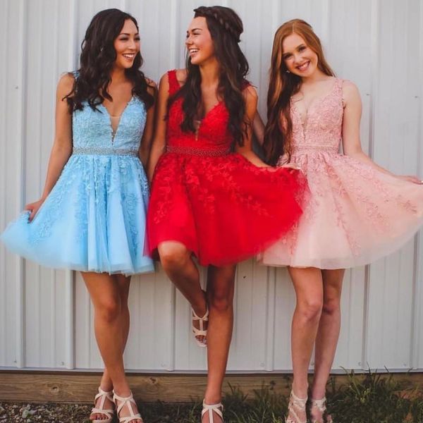 Light Sky Blue Deep V Neck Lace Appliques Homecoming Dresses Sleeveless Beading Tulle Plus Size Backless Party Dresses Short Prom Dresses, Blue;pink
Light Sky Blue Deep V Neck Lace Appliques Homecoming Dresses Sleeveless Beading Tulle Plus Size Backless Party Dresses Short Prom Dresses, Blue;pink