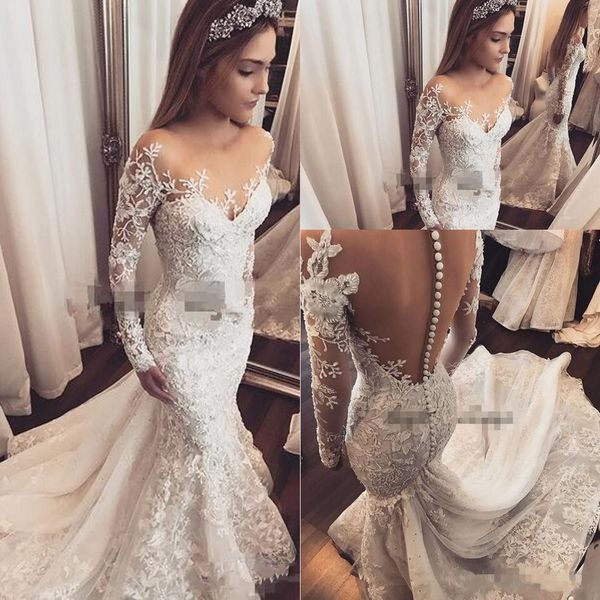 2018 robe de marriage mermaid wedding dresses long sleeve jewel neck sheer lace applique 3d flowers beaded court train plus size bridal gown, White
2018 robe de marriage mermaid wedding dresses long sleeve jewel neck sheer lace applique 3d flowers beaded court train plus size bridal gown, White