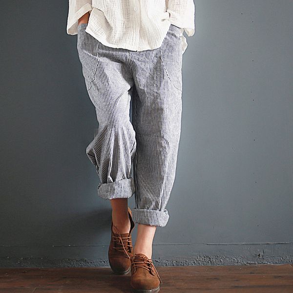 women elastic waist pockets loose striped cotton linen long harem pants casual cargo pantalon overalls trousers plus size, Black;white
women elastic waist pockets loose striped cotton linen long harem pants casual cargo pantalon overalls trousers plus size, Black;white
