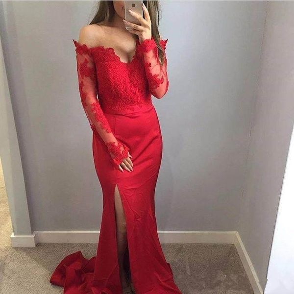 2018 red off-shoulder lace applique prom dresses sleeveless sweep train split long sleeve party evening dresses gowns custom made, Black
2018 red off-shoulder lace applique prom dresses sleeveless sweep train split long sleeve party evening dresses gowns custom made, Black