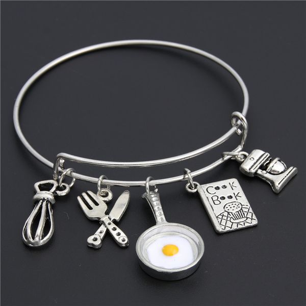 1pc egg pan series cookies fork charm bracelets love to cook pendant expand bangle for men/women as gift e2127, Black
1pc egg pan series cookies fork charm bracelets love to cook pendant expand bangle for men/women as gift e2127, Black