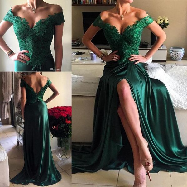 2018 prom dresses off shoulder cap sleeves hunter green lace appliques side split open back long formal party dress evening gowns, Black
2018 prom dresses off shoulder cap sleeves hunter green lace appliques side split open back long formal party dress evening gowns, Black