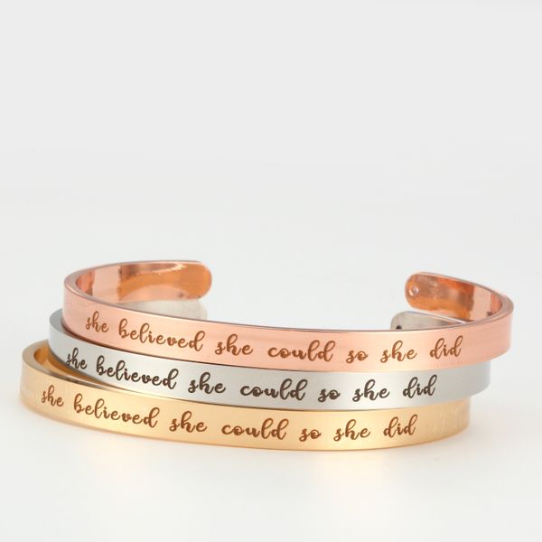 stainless steel inspirational cuff bangle she believed she could so she did simple lettering word bracelets for women men fashion jewelry, White
stainless steel inspirational cuff bangle she believed she could so she did simple lettering word bracelets for women men fashion jewelry, White