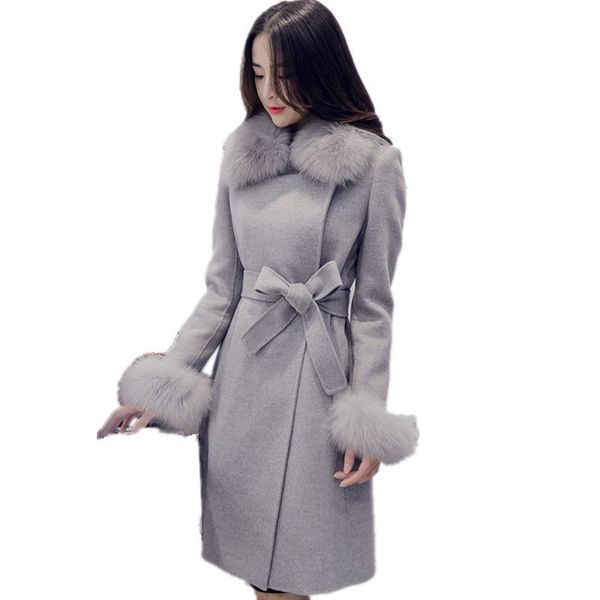 women winter woolen coat fashion warm solid fur collar tie belt wool blend jacket thicken velvet woolen overcoat, Black
women winter woolen coat fashion warm solid fur collar tie belt wool blend jacket thicken velvet woolen overcoat, Black