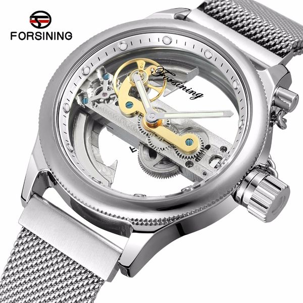 forsining casual watch men's mechanical watch waterproof skeleton watches silver mesh stainless steel band, Slivery;brown 
forsining casual watch men's mechanical watch waterproof skeleton watches silver mesh stainless steel band, Slivery;brown