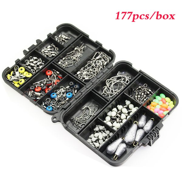 177pcs/box fishing accessories kit including jig hooks fishing sinker weights fishing swivels snaps with tackle box
177pcs/box fishing accessories kit including jig hooks fishing sinker weights fishing swivels snaps with tackle box