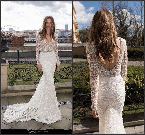 2018 new long sleeve berta mermaid wedding dresses full lace crystal backless vestido de noiva bridal gowns deep v neck robe de mariee, White
2018 new long sleeve berta mermaid wedding dresses full lace crystal backless vestido de noiva bridal gowns deep v neck robe de mariee, White