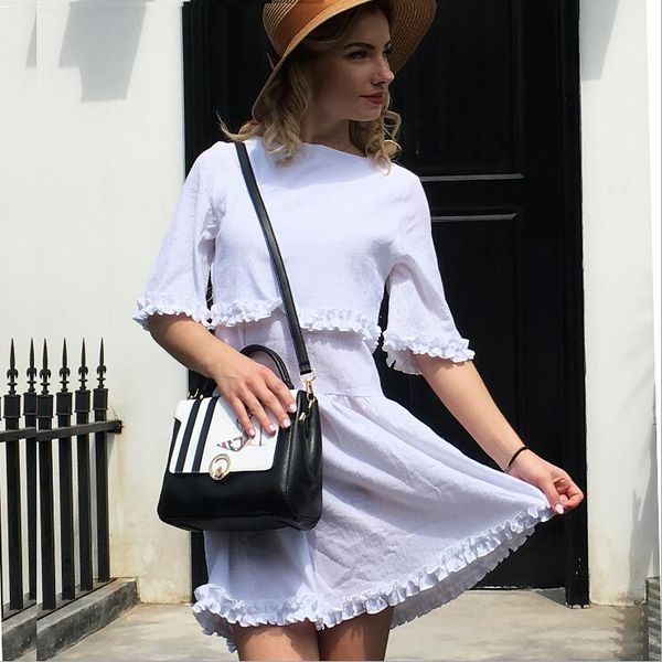 лето осень новый стиль женщины офис леди оборками рубашки a line dress 2018 элегантный с коротким рукавом o-образным вырезом мини-платье, Black;gray 
лето осень новый стиль женщины офис леди оборками рубашки a line dress 2018 элегантный с коротким рукавом o-образным вырезом мини-платье, Black;gray