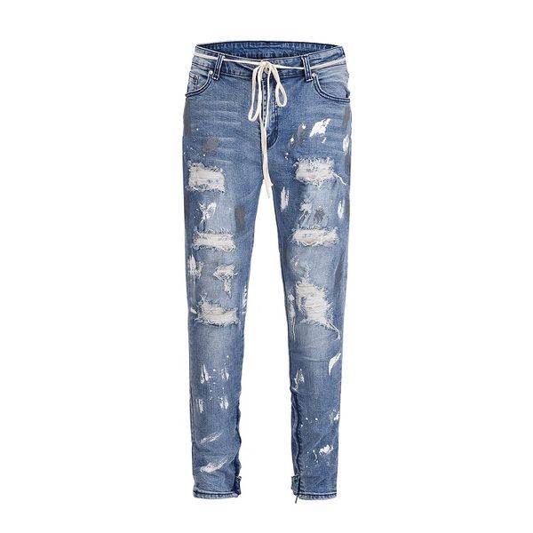 

2018 men's new jeans men's hole elastic zipper feet jeans men slim biker denim skinny frayed pants distressed rip, Blue