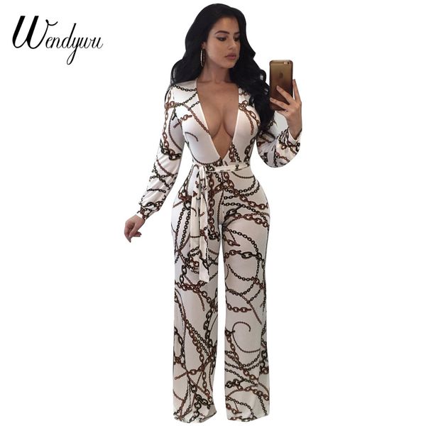 wendywu new deep v-neck long sleeve chain print white wide leg long jumpsuit with sashes, Black;white
wendywu new deep v-neck long sleeve chain print white wide leg long jumpsuit with sashes, Black;white